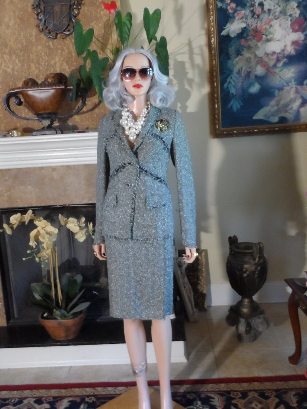 New Escada Green/White Tweed Skirt Suit Size DE 38- US 8